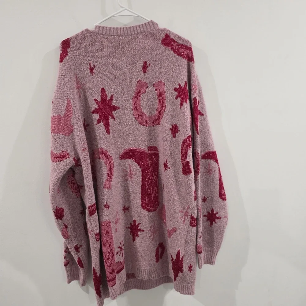 Womens Cowgirl Tunic Sweater Size 1X Pink Cowboy Boots Western Horses - Picture 4 of 8